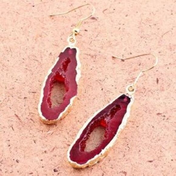 New!! Red Bohemian Gold Leaf Earrings - Picture 2 of 4
